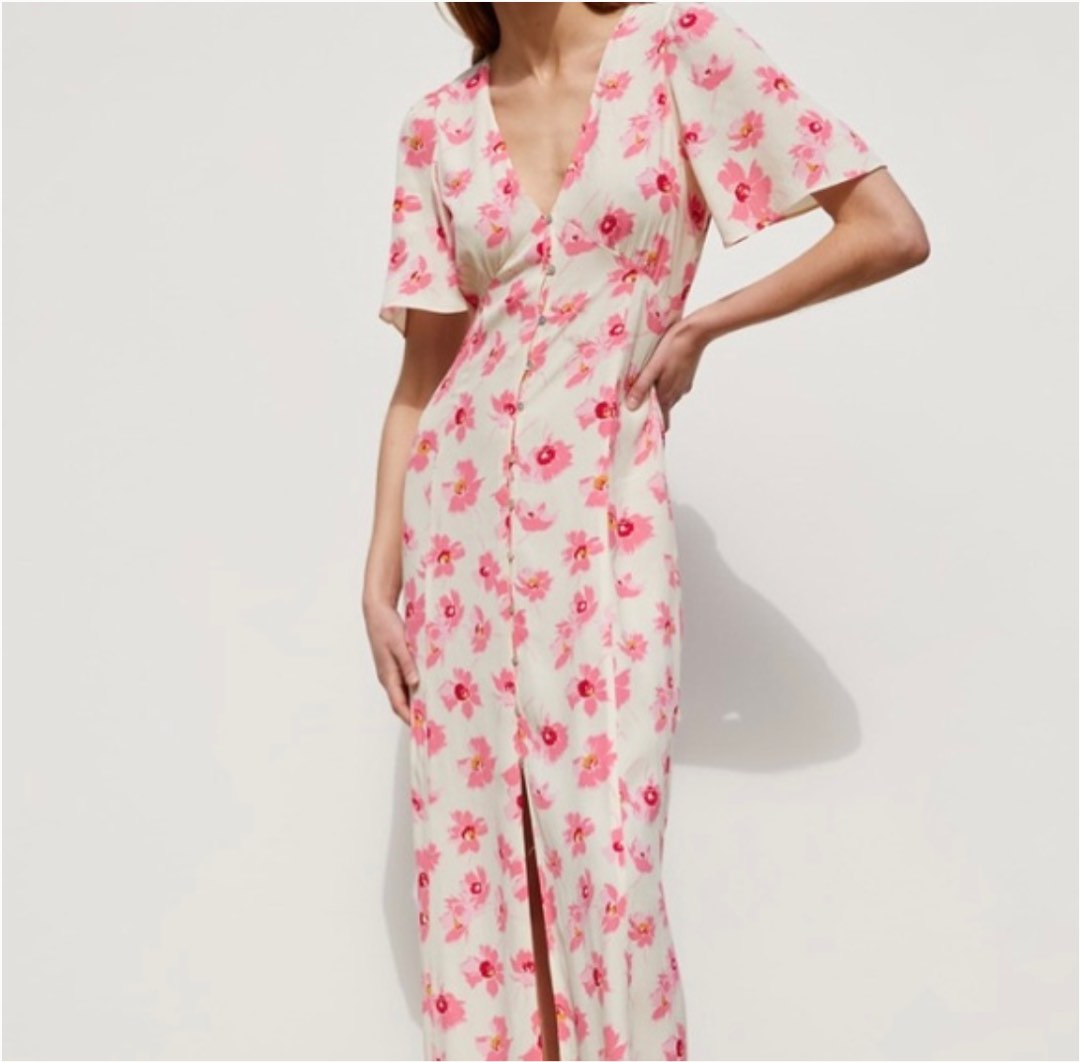 Zara Pink Floral Midi Dress, Women's Fashion, Dresses & Sets, Dresses ...