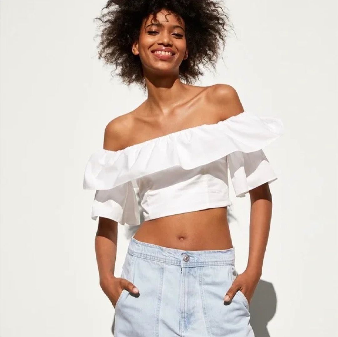 White ruffle off the shoulder top 2025