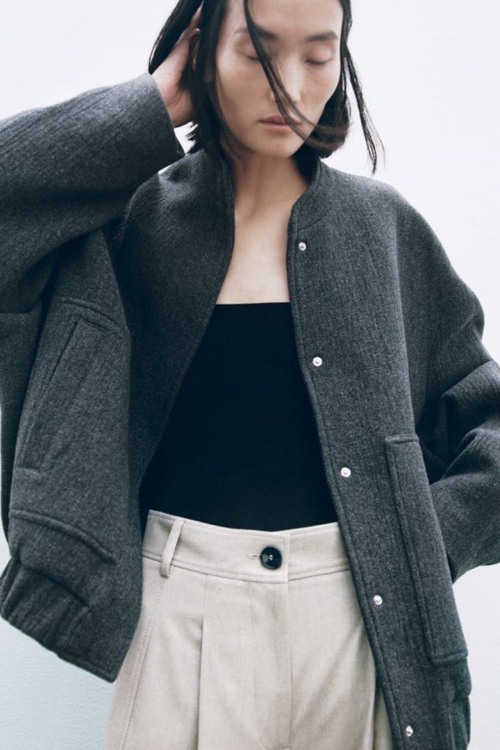 Cropped wool blend bomber jacket zara clearance