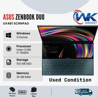 ASUS ZENBOOK DUO UX481  SCRNPAD+ (CORE I7-10GEN, 16GB RAM, 512GB SSD, 14.0" FULL H TOUCH SCREEN DUAL SCREEN,)