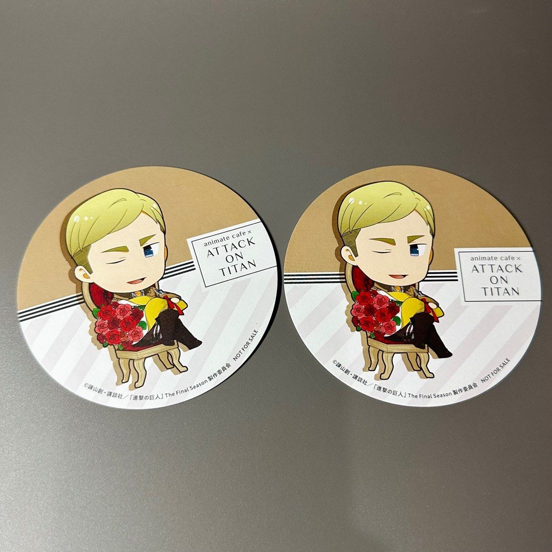 Attack on Titan x animate cafe Erwin Smith coaster 9cm - Php 75 each (Category: Vintage Collectibles) located in Davao. Submitted by pandorastoybox (Listing ID 1219536792, Image 1). Description: Attack on Titan x animate cafe Erwin Smith coaster 9cm - Php 75 each.