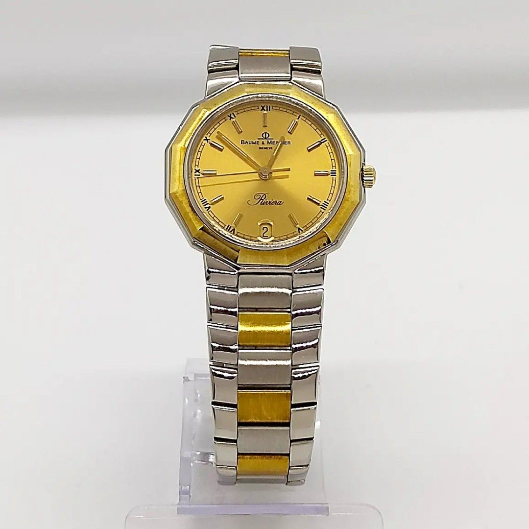 Baume & Mercier Riviera Two Tone (Category: Luxury Watches) located in Manila. Submitted by ab.authentic.collection (Listing ID 1219491262, Image 2). Description: Available for Sale Baumer & Mercier Riviera Two Tone - Ref. 5130.3 - 18k yellow gold bezel, stainless steel case - Screw-down crown - Approx. 6.5 inches wrist - 30mm (Crown not included) - Quartz; Keeps good time - With free travel leather pouch included - Unit only Open for Meetups (Su