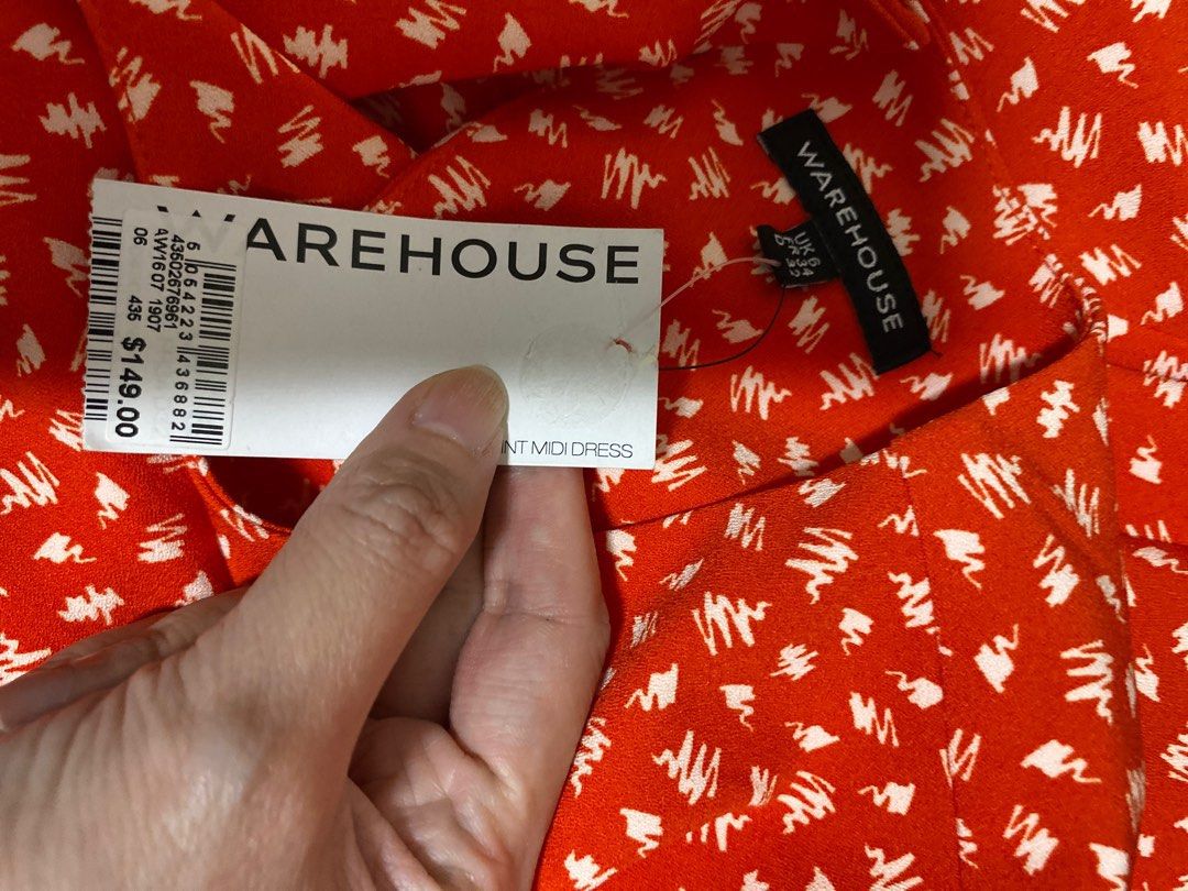 BNWT XS Warehouse squiggle print red midi dress Women s Fashion