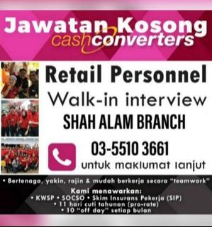 Cash Converters Shah Alam Kerja Kosong / Job Vacancy @,.
Looking for a better job? Come and join our vibrant team!
