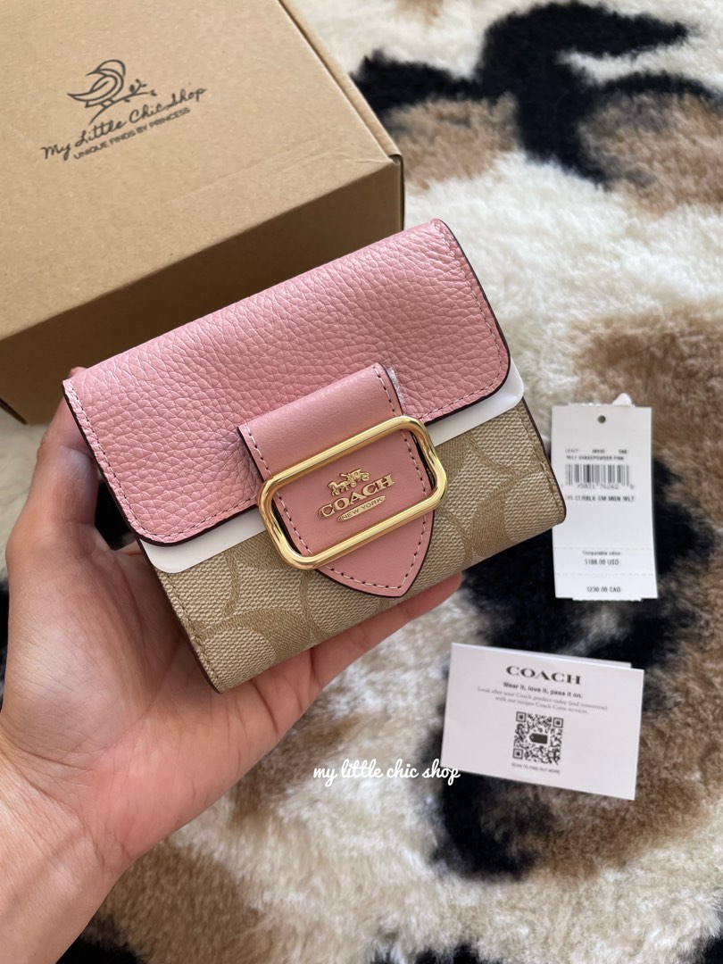 coach small morgan wallet in signature canvas khaki pink