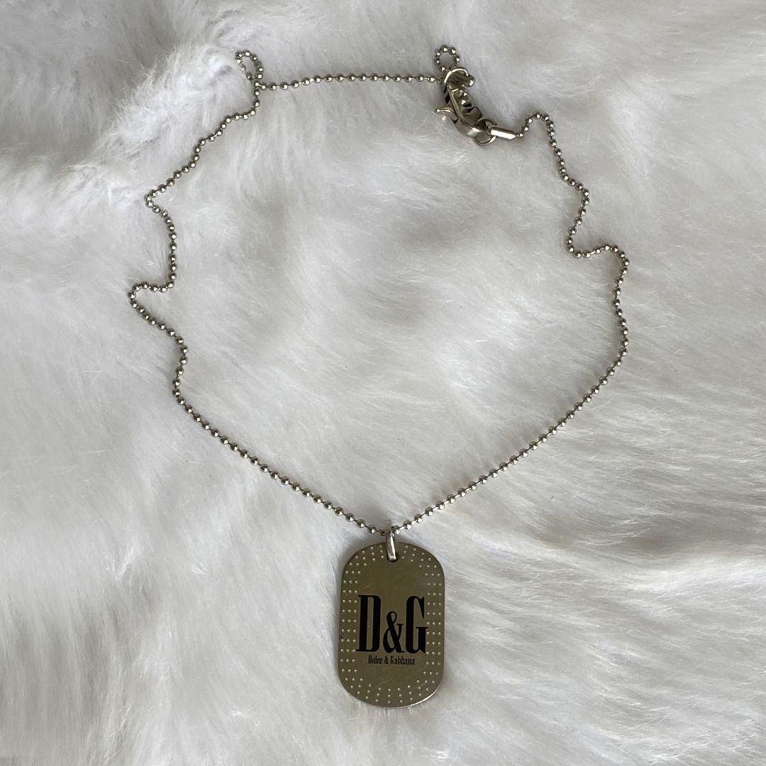 D G Dolce Gabbana Silver Tone Logo Dog Tag Pendant Necklace Men s