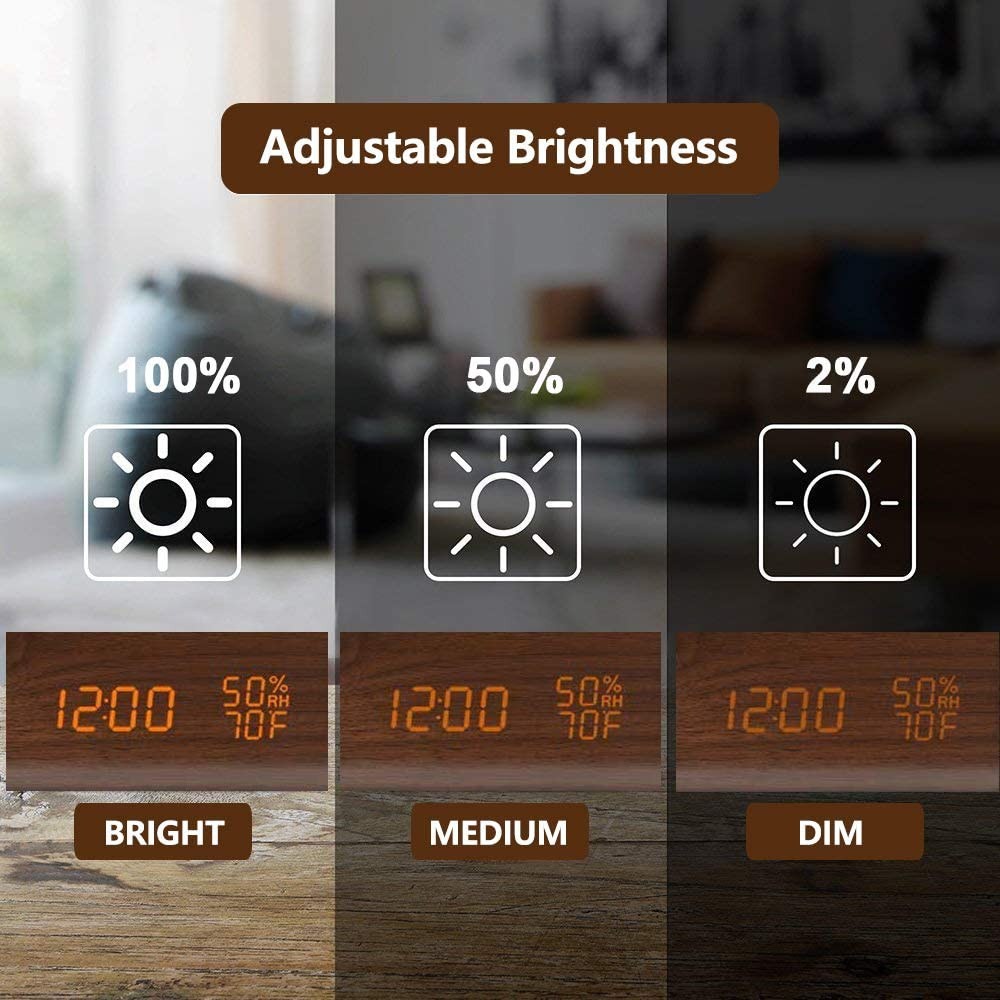 Digital Alarm Clock with Wooden Electronic LED Time Display 3 Alarm