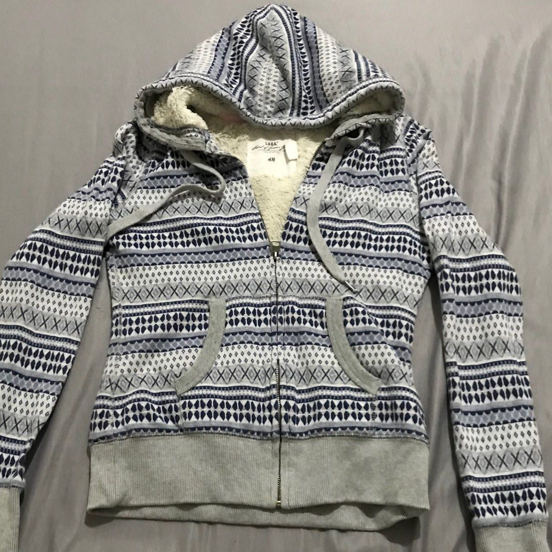 H M Jacket Blue Zip Hoodie Faux Sherpa Lining