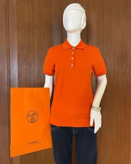 Hermes Orange/ Blue Trims Polo Tee. Hermes Embossed buttons. Size Small