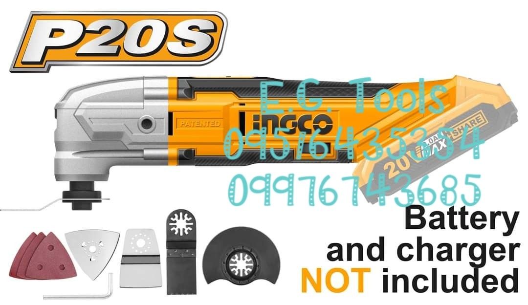 INGCO 20v Li-Ion Multi Tool (CMLI2001) (Category: Construction Tools & Equipment) located in Caloocan City. Submitted by emgaile (Listing ID 1219395789, Image 2). Description: PRICE : P2,150.00 INGCO 20v Li-Ion Multi Tool (CMLI2001) Model : CMLI2001 Voltage : 20V No load speed : 10000 20000r/min With 1pc. flexible scraper With 1pc. cutting saw blade With 1pc. segment saw blade With 1pc. hex key With 1pc. sanding base With 3pcs. sanding paper * Ba