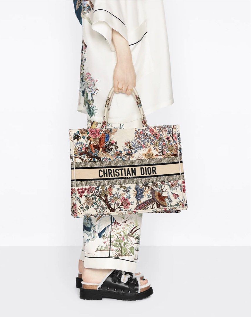 Christian Dior Book Tote In Ecru Multicolor Dior Jardin d'Hiver Embroidery  (White)