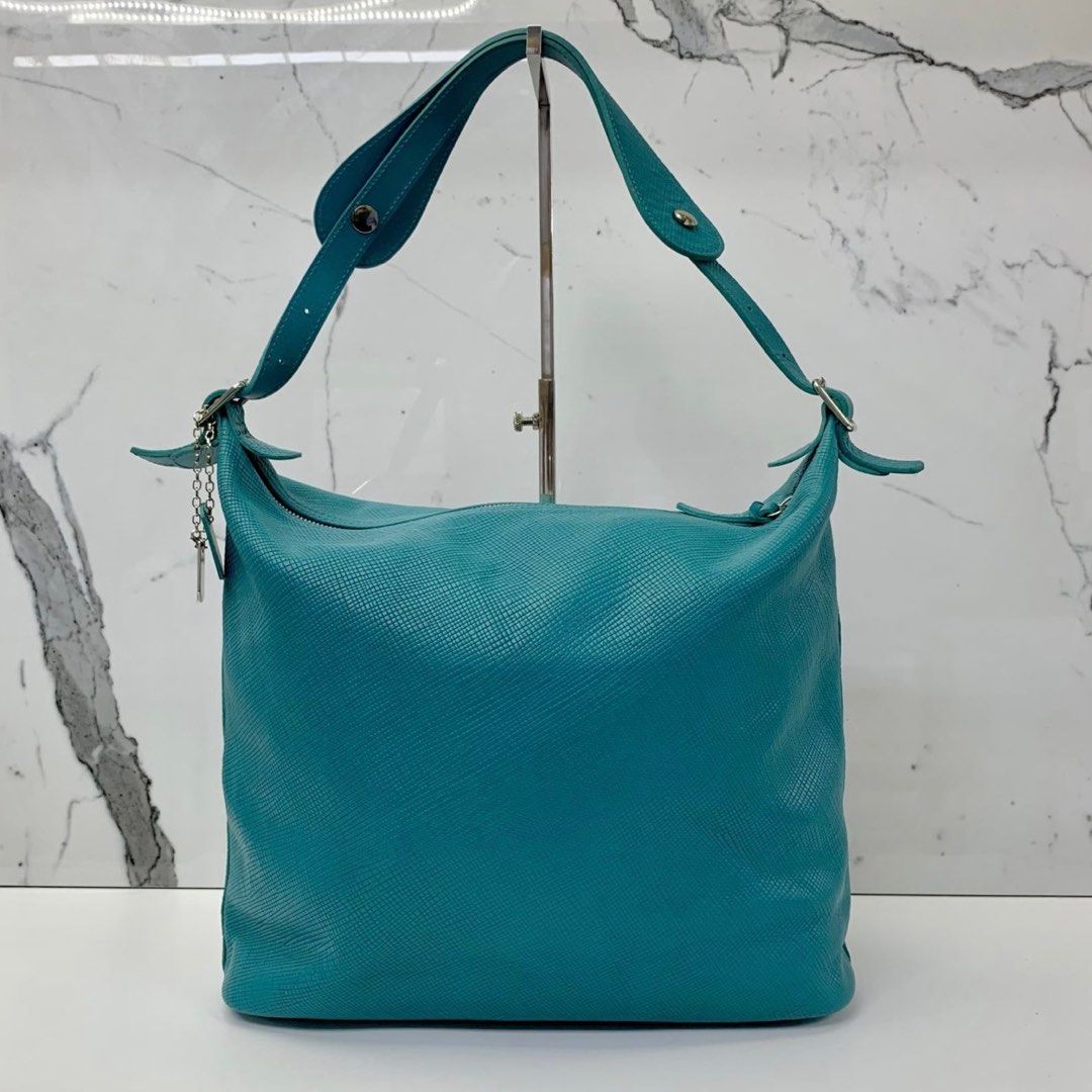 Longchamp Quadri Hobo Bag Turquoise Blue Leather Tote Shoulder Authentic