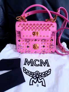 MCM Pink Leather Studded Sling Hand Carry Bag