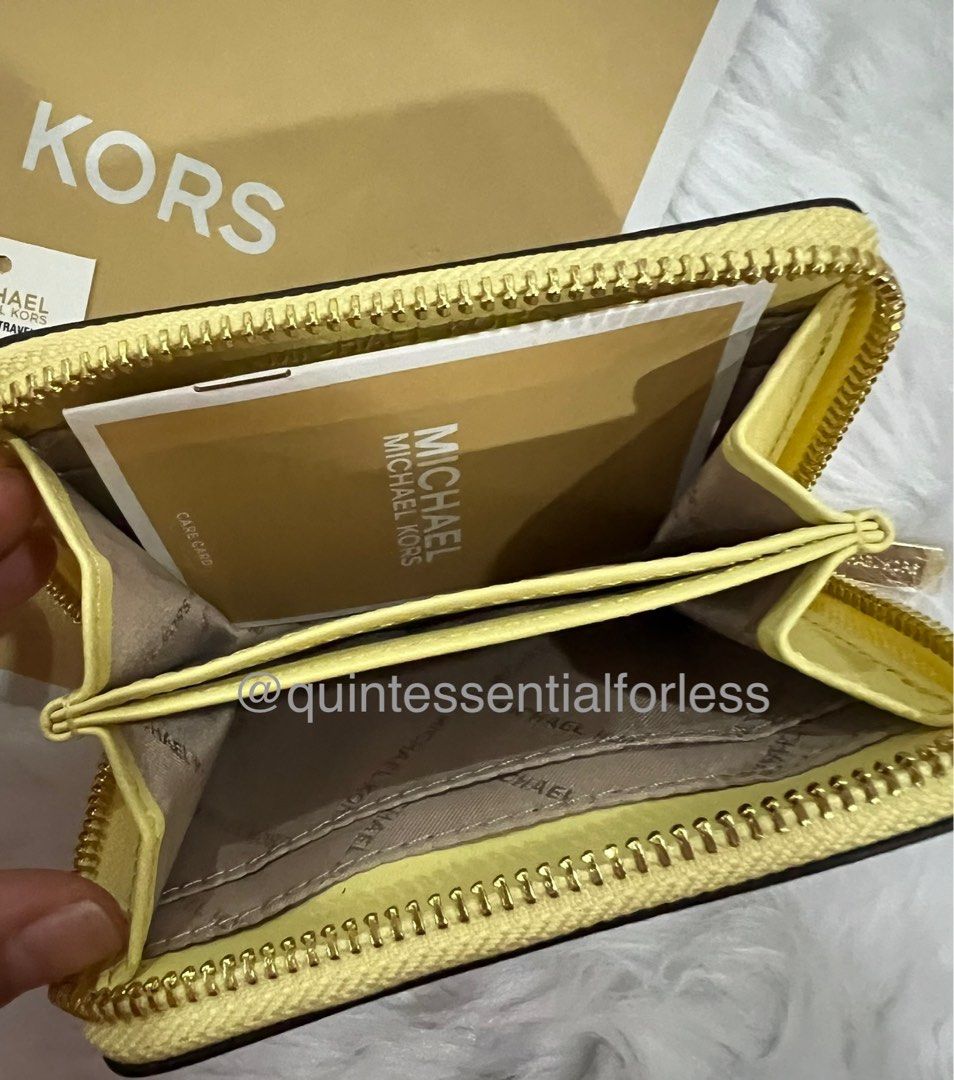 Michael Kors Jet Set Medium Zip Around Card Case Wallet Brown MK Buttercup  Yellow
