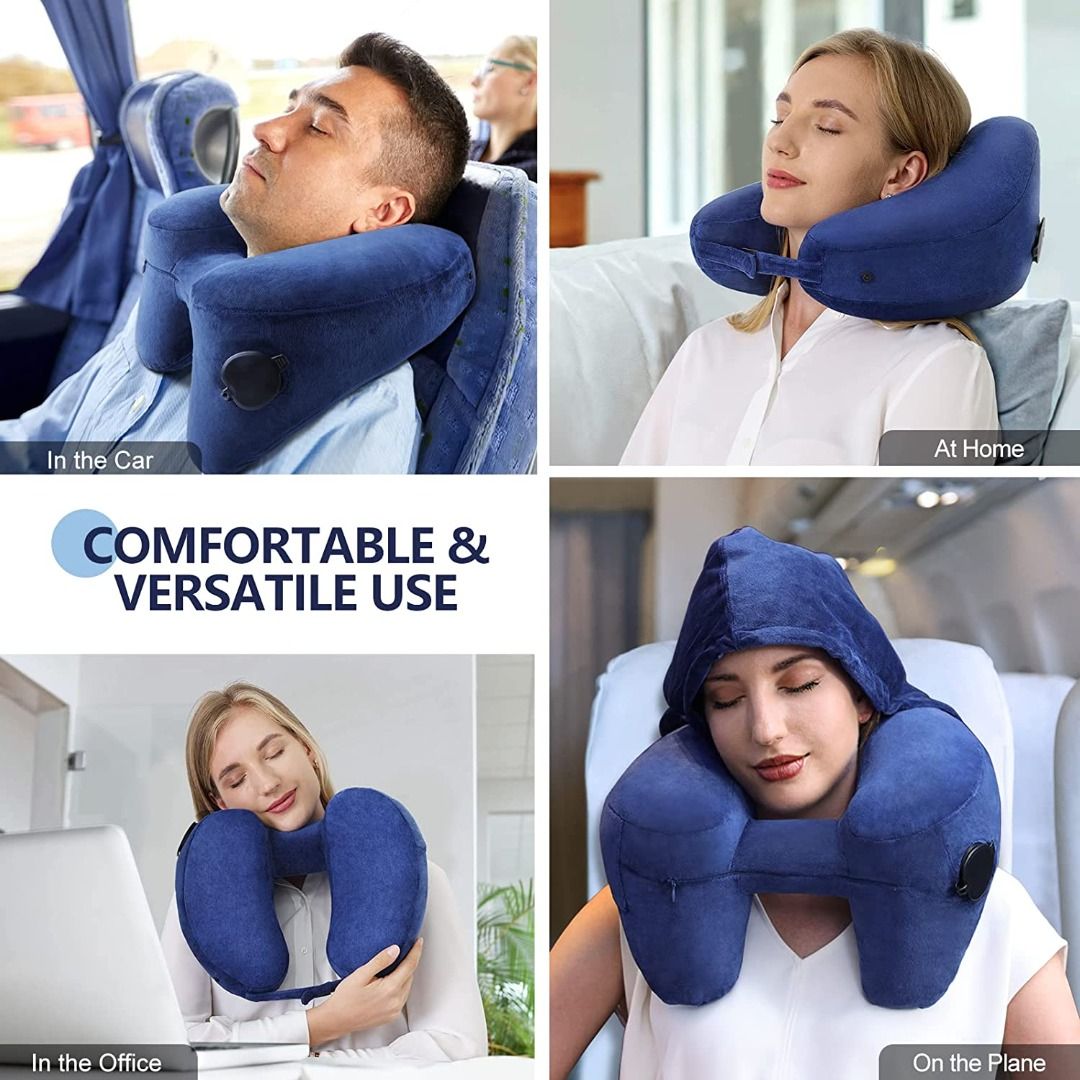 Neck Pillow Inflatable Travel Pillow Comfortably Supports The Head Neck and Chin Airplane Pillow with Soft Velour Cover Hat Portable Drawstring