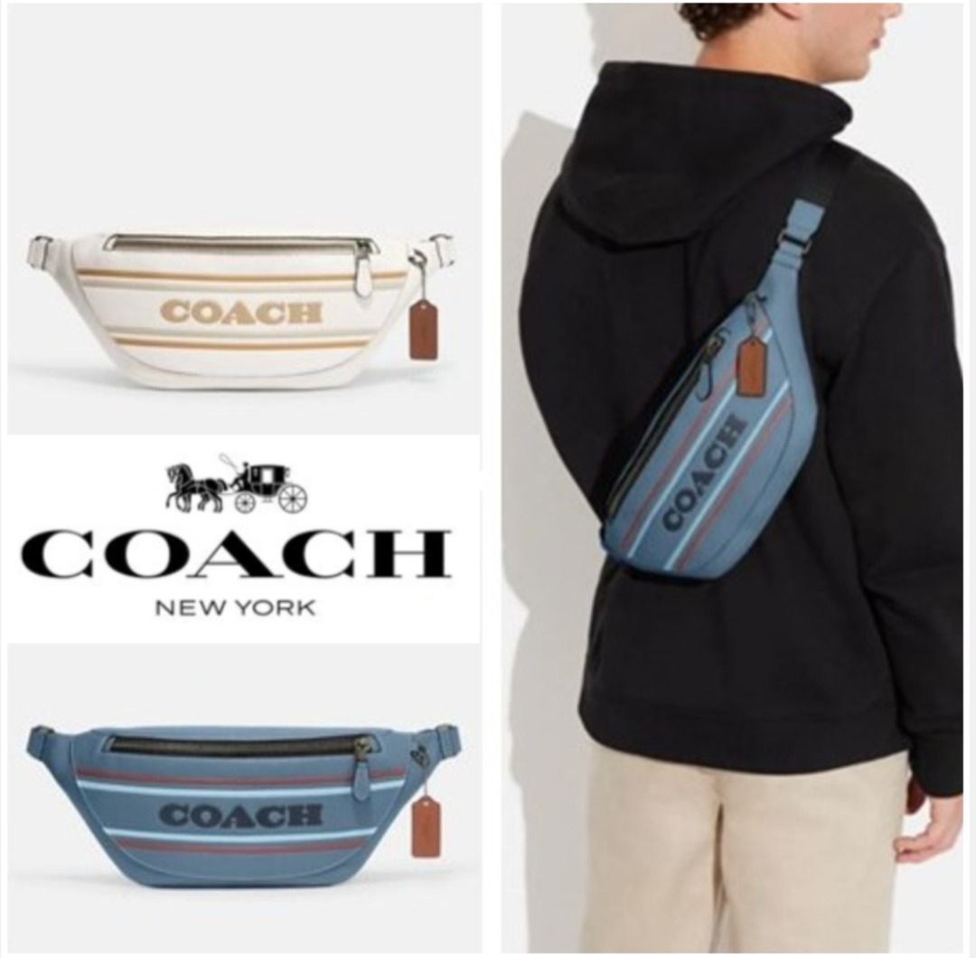 New Coach Original White Blue Warren Belt Bag With Coach Stripe