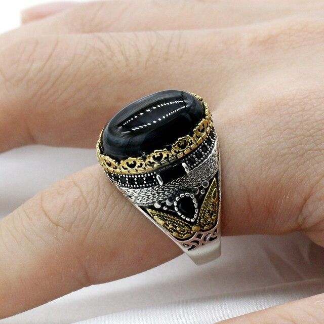Silver Ring Men 925 Turkish Natural Black Agate, Men's Fashion, Watches   Accessories, Jewelry on Carousell