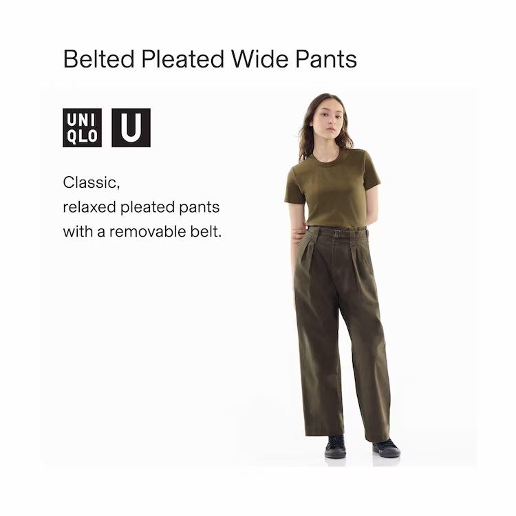 WOMEN Uniqlo U Belted Pleated Wide Pants in Olive (61cm)