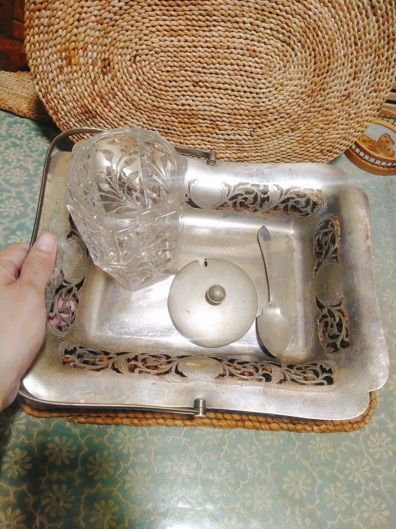 Antique EPNS silver serving tray (Category: Dinnerware & Cutlery) located in Cavite. Submitted by wishie_collects (Listing ID 1219649796, Image 2). Description: Set of 3 EPNS silver serving tray Crystal canister with lid and antique spoon All marked with EPNS by F. Bros..