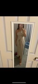 Beige slit one shoulder dress