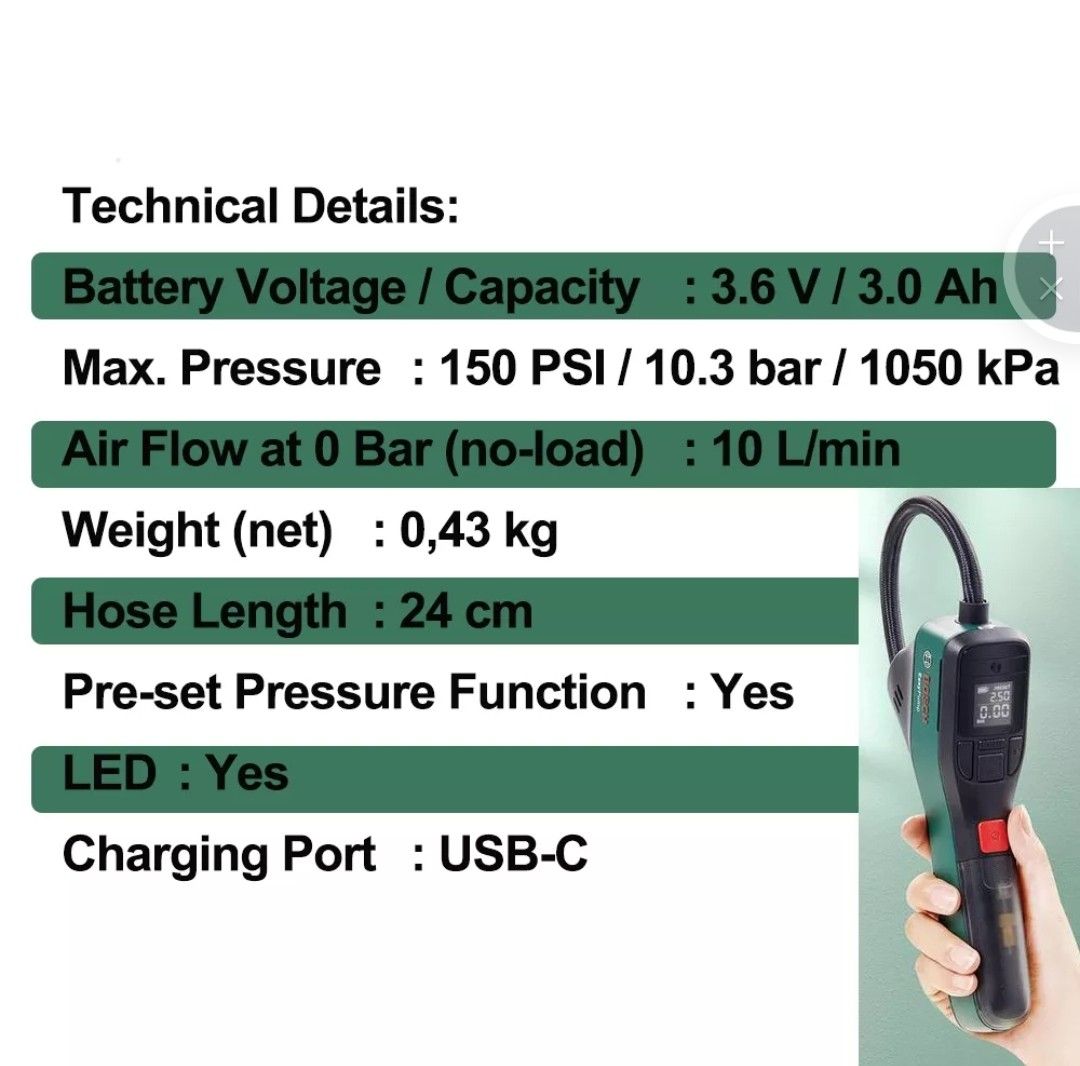 BOSCH Cordless Compressed Air Pump 3.6V 3.0Ah 150PSI Tire Air Pump