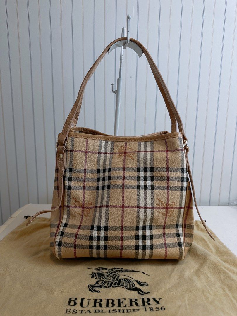 Burberry Brown Leather Harmarket Check Coated Canvas Small Buckle Tote Bag