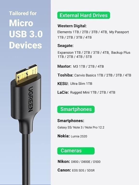 C1614] 5Gbps USB 3.0 A to Micro USB B Lead Portable External Hard Drive  Compatible with Western Digital WD Elements, Seagate Expansion, Toshiba  Canvio, M3 1TB,LaCie,Maxtor (1M) UGREEN Hard Drive Cable, Mobile