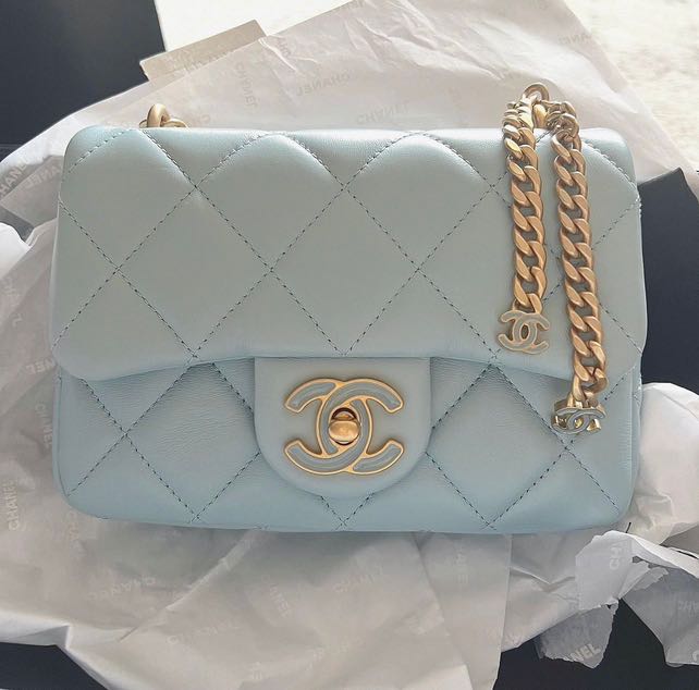 Chanel  Classic Flap Bag  Mini Rectangular Top Handle  Baby Blue  CGHW   Brand New  Bagista