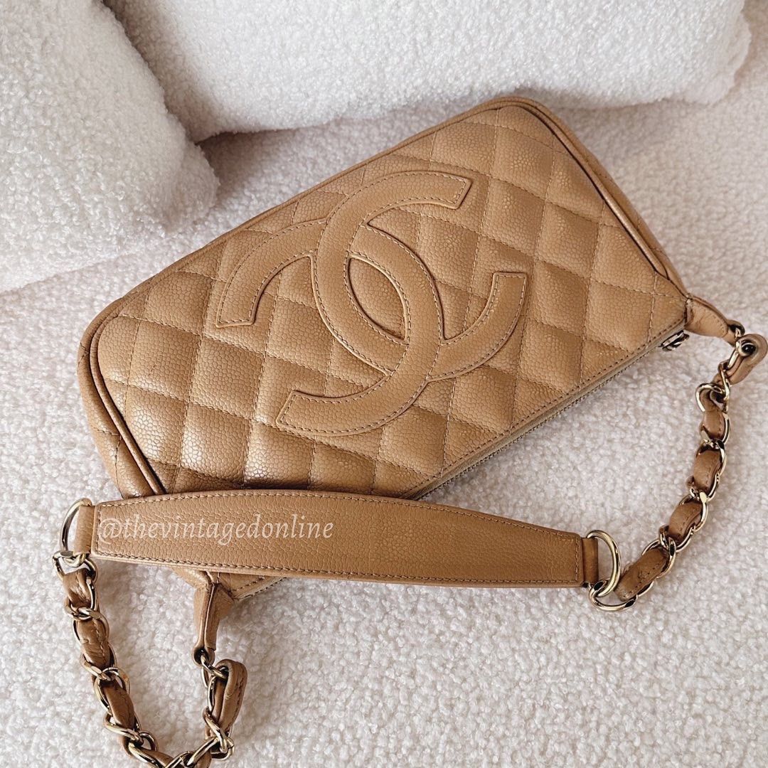 Chanel Timeless CC Chain Pochette Beige Quilted Caviar 