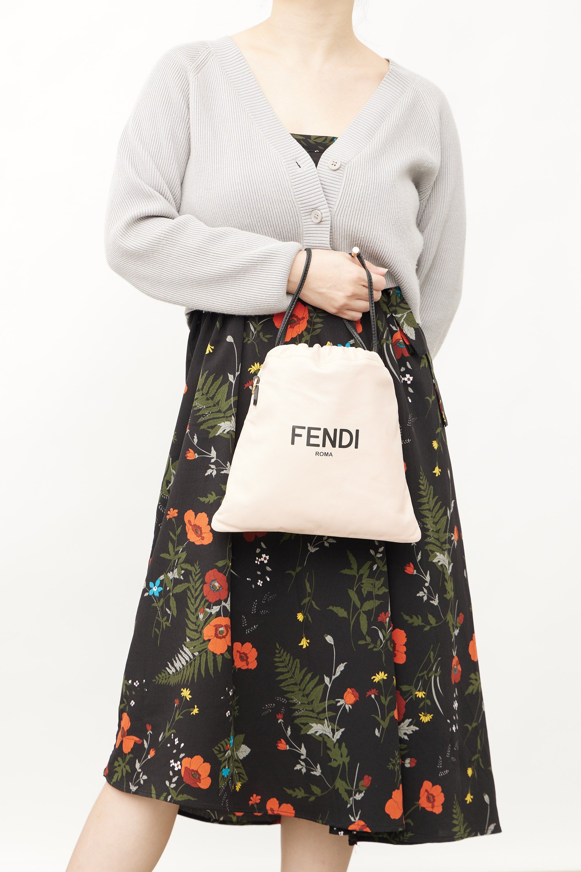 New Fendi Roma Sack Pink Leather Drawstring Pouch Crossbody Bag