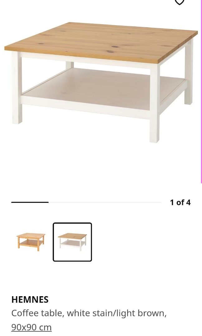 Ikea Hemnes Coffee Table, White stain/light brown 90x90cm, Furniture