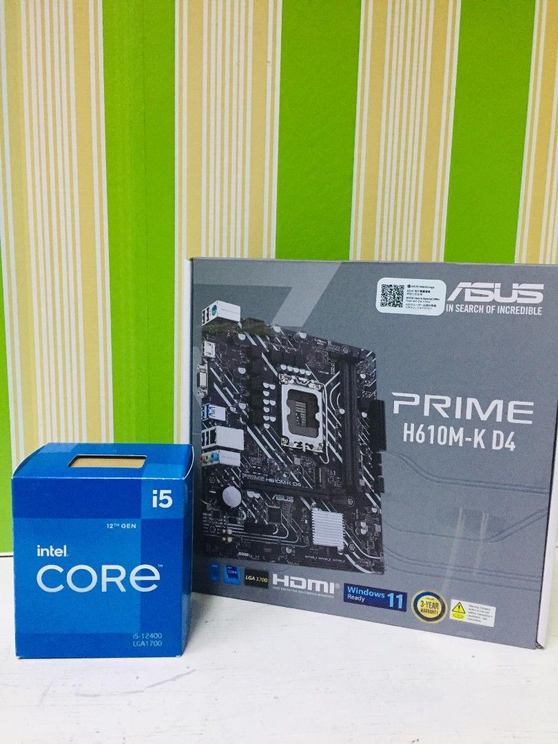 Intel Core i5-12400 Asus prime H610M (Category: Computer Parts) located in Quezon City. Submitted by monasa (Listing ID 1219637622, Image 1). Description: bundle Core i5 12400 and Asus Prime H610M.