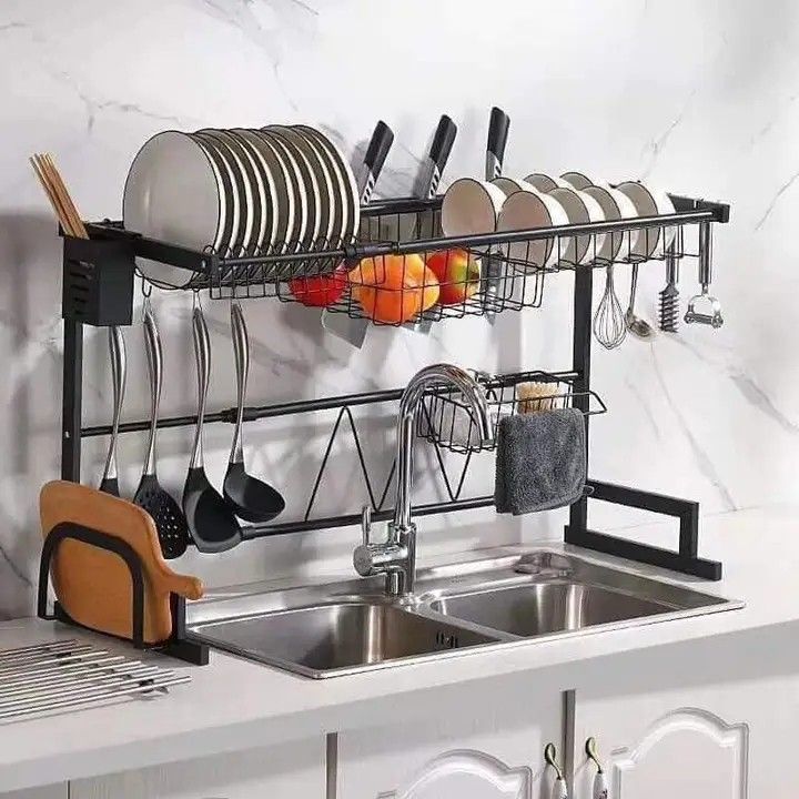 metal dish drainer (Category: Bathroom & Kitchen Fixtures) located in Manila. Submitted by espinosakimrhian (Listing ID 1219627944, Image 3). Description: RESELLER:650php (65CM) RESELLER:700php (85CM) :SPACE SAVER METAL DISH DRAINER -Use this dish drying rack above the sink or on the counter to make it easier to drying cutlery and supplies, saving a lot of space and time, and the water will fall directly into the sink, making the kitchen cleaner.
