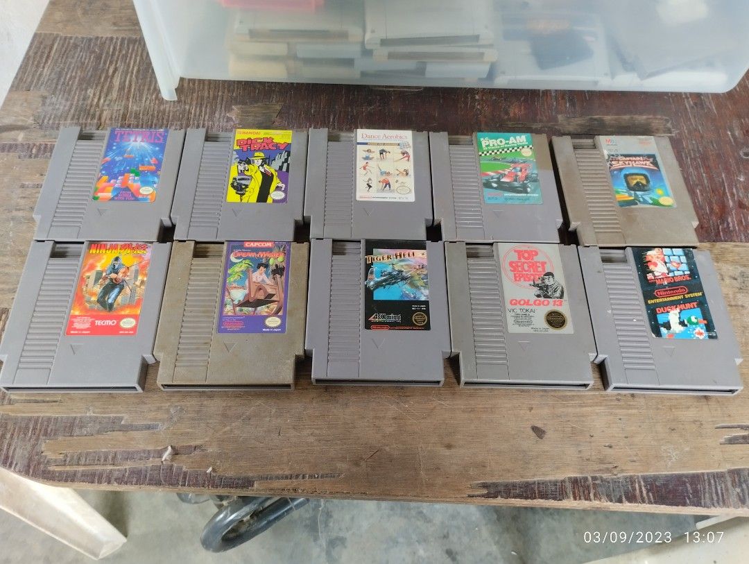 NES Cartridge (Category: Nintendo) located in Tuguegarao City. Submitted by bleem22 (Listing ID 1219600747, Image 1). Description: Tetris 500 (Sold) Ninja Gaiden 800 (Sold) Dick Tracy 700 Dream Master 700 Dance Aerobics 400 Tiger-Heli 400 (Sold) R.C. Pro-Am 400 Golgo 13 500 Captain Skyhawk 400 Super Mario Bros/Duck hunt 600 (Sold).