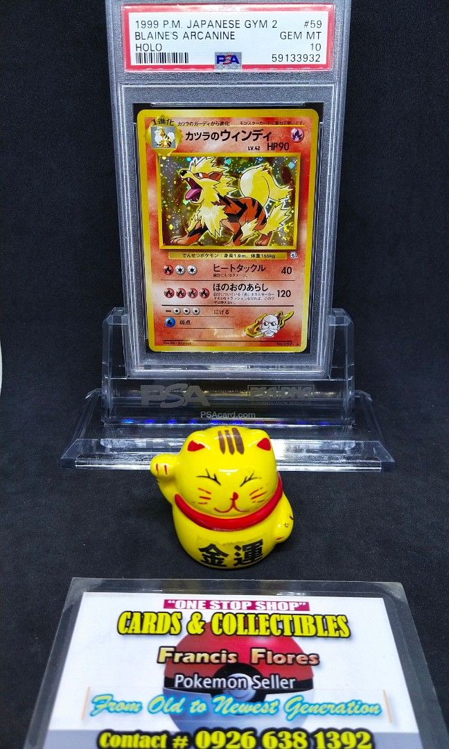 Pokemon GRADED Card 🇯🇵 - PSA 10: BLAINE'S ARCANINE #59 - HOLO (JAPANESE GYM 2) YEAR 1999 (Category: Graded Singles) located in Quezon City. Submitted by 710francis (Listing ID 1219745138, Image 1). Description: *60,888 Pesos *JAPANESE GYM 2 🇯🇵 / YEAR 1999 *PSA 10 (GEM MINT) *BLAINE'S ARCANINE #59 - HOLO *JUST MESSAGE FOR MORE INQUIRIES....