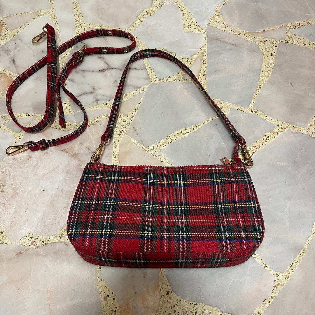 red and green plaid baguette sling shoulder bag Women s Fashion