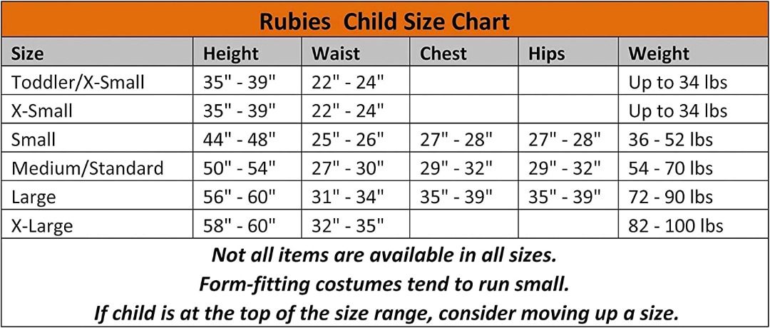 Children's size chart small medium large hot sale