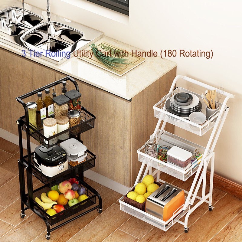 3 Tier Foldable Kitchen Cart Storage Shelf Rack with Wheels Storage