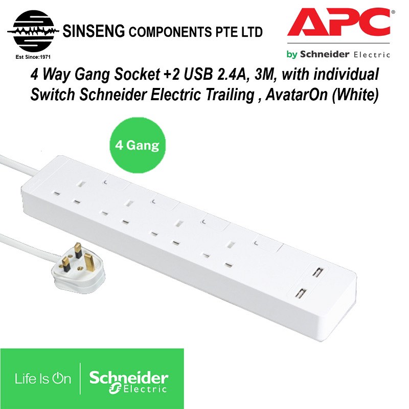 4 Gang / Way Multi Plug Socket with x2 USB & Safety Mark by APC