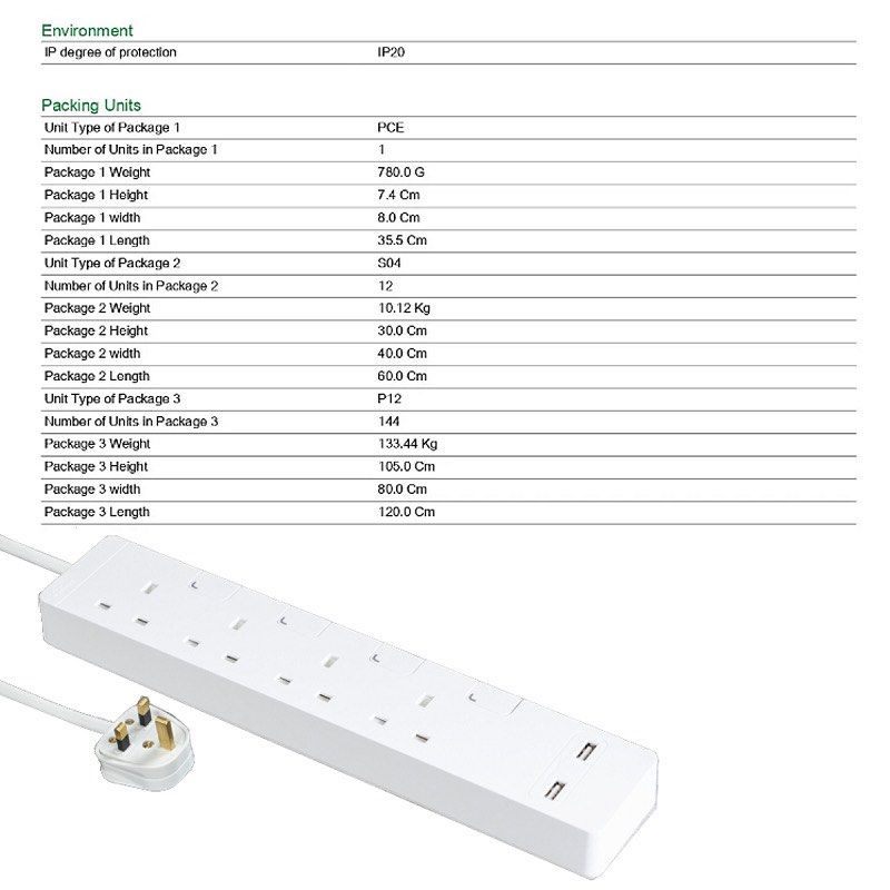 APC 4 Gang / Way 3M Multi Plug Socket with x2 USB 2.4A Port & Safety