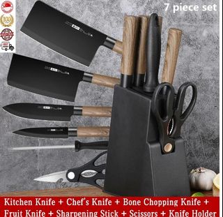 Kitchen Knife Set, 8-Pieces Khaki Sharp Chef Knife Set with Block, Knife Block Set with Diamond Grain Non-Stick Knife Blade, Stainless Steel Cooking