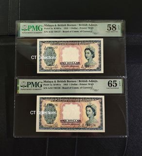 👸🏼 1953 Malaya & British Borneo $1 QE II Banknote... 2pcs Consecutive Number Pair... PMG 58EPQ Choice About Unc & PMG 65EPQ Gem Uncirculated