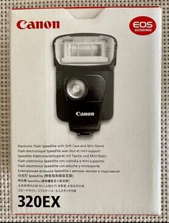 新淨少用 佳能 Canon EOS 320EX Speedlite  閃燈指數達32 (米，ISO 100，50mm) ; E-TTL II 自動閃光; 支援兩段變焦（24mm 及50mm); 支援反射閃光(Bounce flash)拍攝(向上90度、左右270度) (操作正常，齊盒，袋，腳座）
