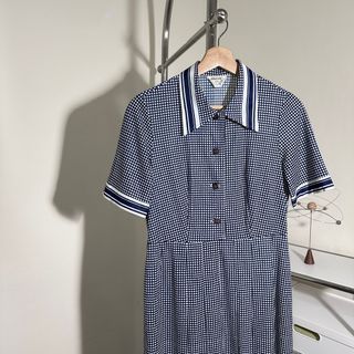 藍白配色圓點古著洋裝 日本製vintage