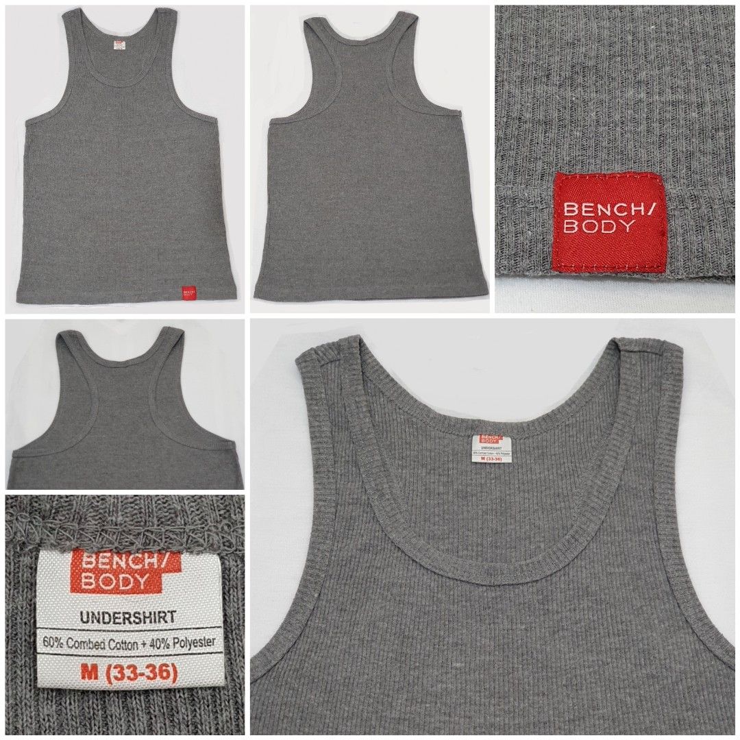 Bench Body Men's Undershirt (Category: Sleep and Loungewear) located in Paranaque City. Submitted by fcdm_olsell (Listing ID 1223953749, Image 1). Description: - Brand: Bench Body - 100% Authentic - Size: M on tag - Width (Body/Chest): 16.5 inches * Good for up to 32 inches waistline - Length (Shoulder to Bottom): 24.5 inches * Good for up to 5'8" tall - Material: 60% Combed Cotton, 40% Polyester - Color: Gray (See Photos) - Condition: Like New (