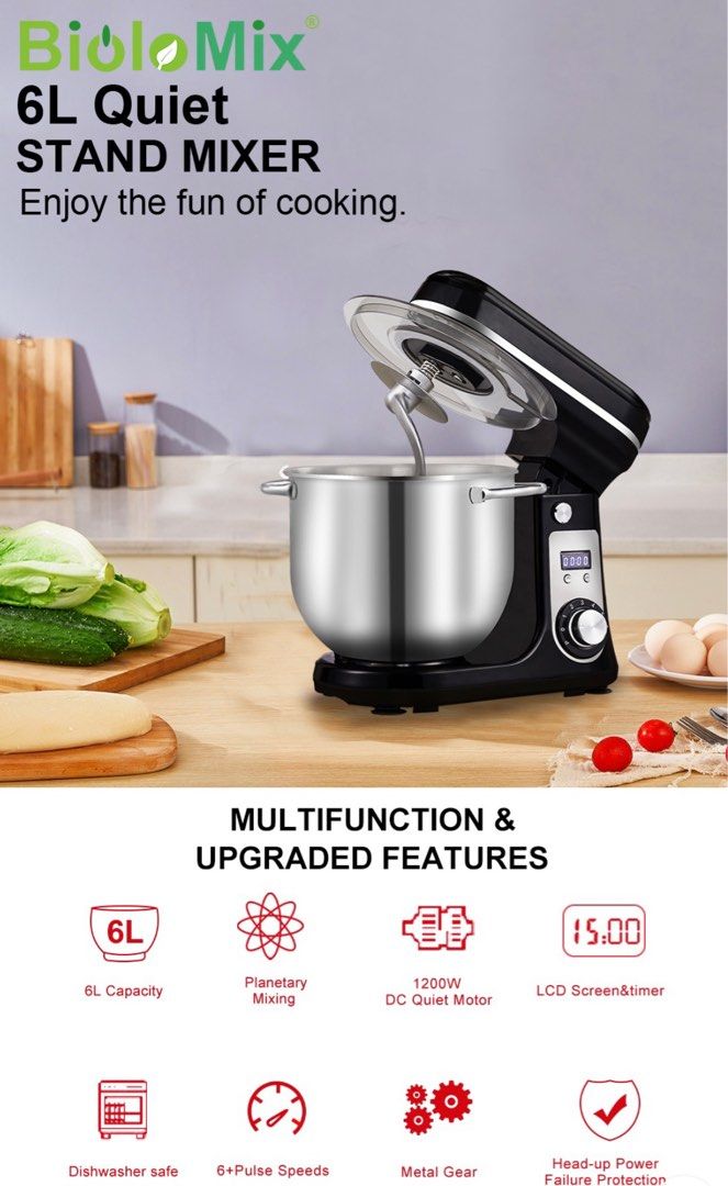 BioloMix BM601 1200W Kitchen Food Stand Mixer Red