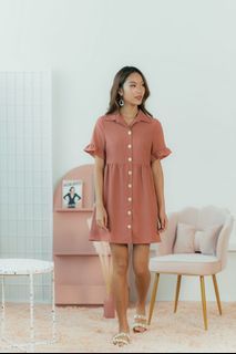 BNWOT The Stage Walk TSW Jernice Flutter Sleeves Shirt Dress in Terracotta