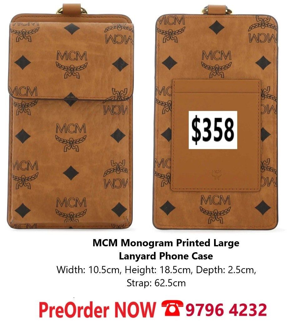 NEW MCM Monogram Printed Leather Phone Lanyard Case Brown FREE