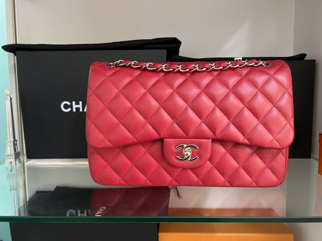 CHANEL Caviar Quilted Jumbo Double Flap Red 933467