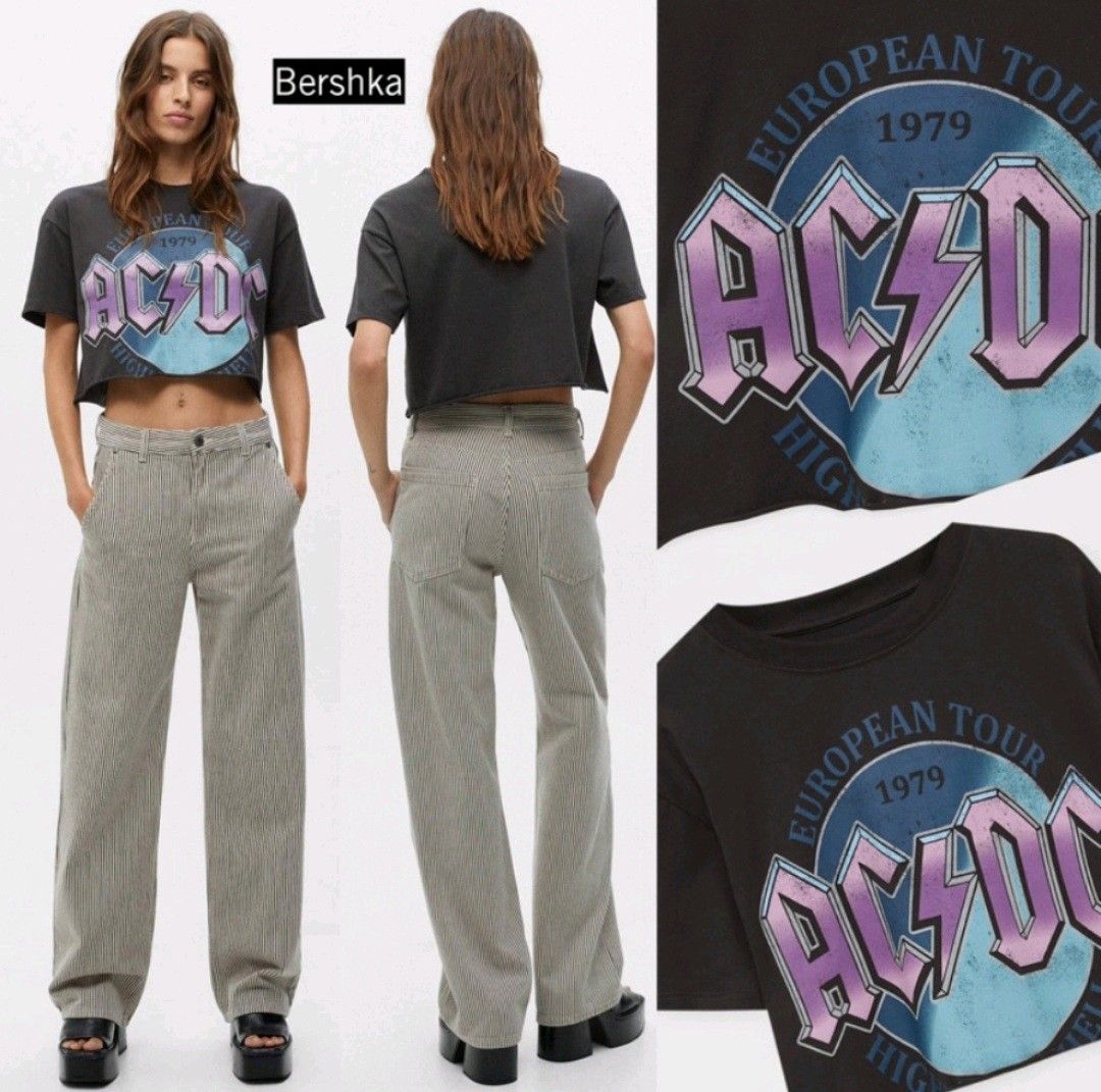 Crop Top Acdc Bershka, Fesyen Wanita, Pakaian Wanita, Atasan Di Carousell
